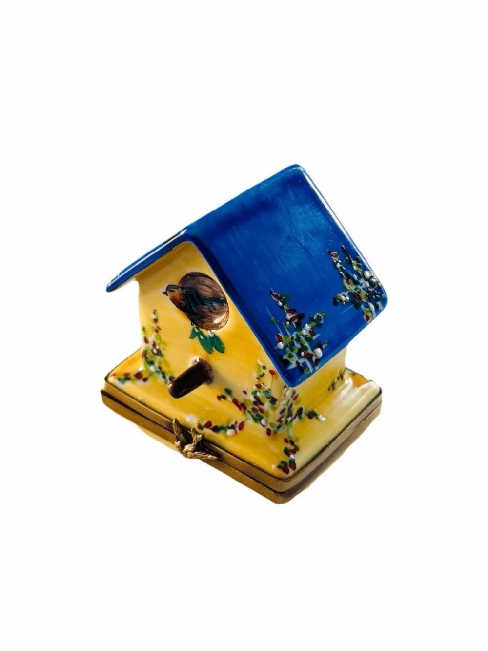 Peint Main Rochard Limoges Blue Birdhouse Flowers Trinket Box Made In France